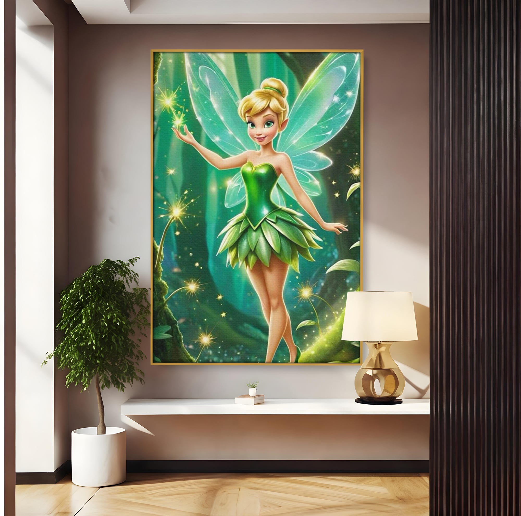 Tablou canvas cu tablou canvas cu zana tinker bell, in rama de aluminiu auriu
